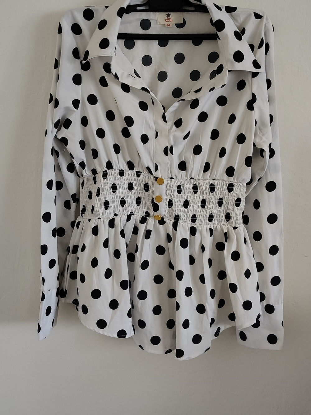 Girl Soul White & Black Polka Dot Smocked-Waist Blouse